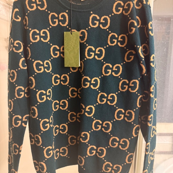 NEW with tags Gucci Green and Gold Monogram Sweater, Size Men’s Medium - Picture 2 of 8